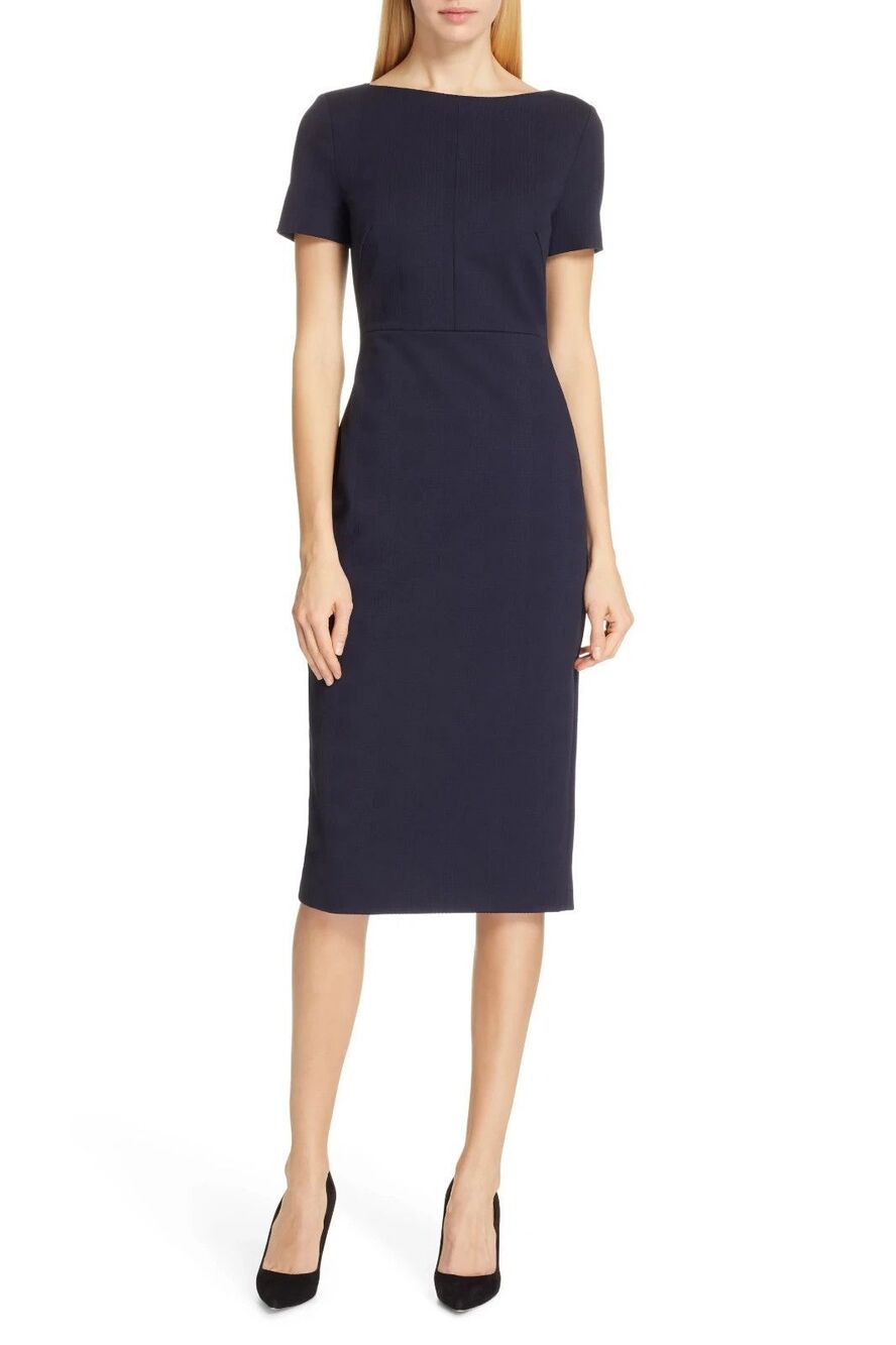 Hugo Boss Dalula Tonal Textured Navy Sheath Dress - Size 10 New
